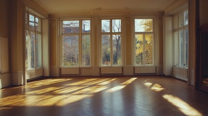 Leinwandbilder - Sunlit empty room with large windows overlooking autumn trees.
