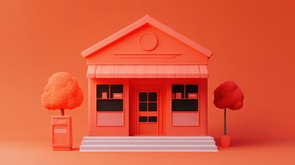 Poster - Minimalist 3D rendering of a small shop with trees and mailbox.