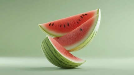 Poster - Three vibrant watermelon slices levitate against a muted green backdrop, showcasing their juicy red flesh and black seeds.