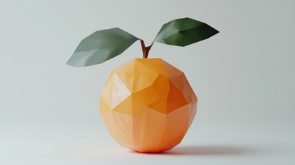Poster - Low-poly orange fruit with leaves on white background.