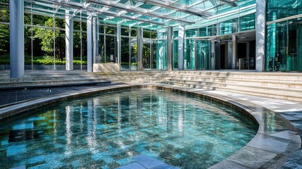 Aufkleber - Tranquil outdoor pool with cascading steps and glass roof.