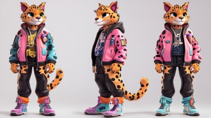 Poster - 3D render of a cheetah character wearing stylish 90s-inspired clothing, shown from front, side, and back views.