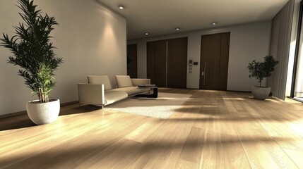 Poster - Modern minimalist interior design; light wood floors, beige sofa, plants, sunlight.