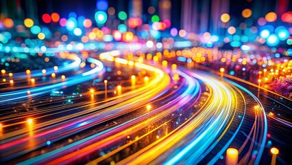 Poster - Mesmerizing Abstract of High-Speed Global Data Transfer: Wavy Flashes and Cyber Tech Motion in Tilt-Shift