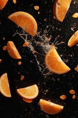 Poster - Juicy orange slices splashing in water against a black background.