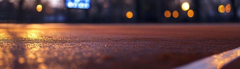 Aufkleber - Close-up view of a textured sports court surface at dusk, illuminated by soft, blurred lights in the background.