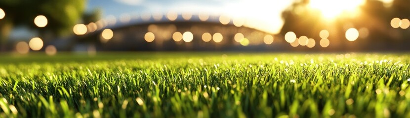 Poster - Lush green grass close-up with blurred building and sunset background.