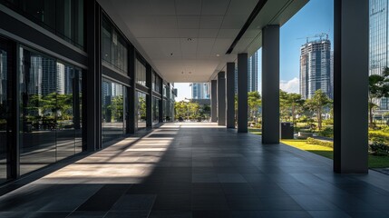 Poster - Modern building walkway with glass walls, sunlight, and city view.