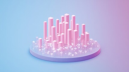 Poster - Abstract 3D rendering of pink geometric shapes on a circular platform, resembling a futuristic city or data visualization.
