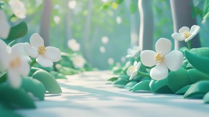 Aufkleber - Sunlit path through a whimsical forest with stylized white flowers and green foliage.