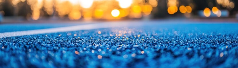 Poster - Close-up of blue running track surface at sunset.
