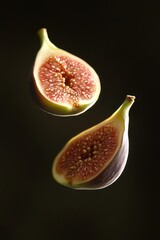 Poster - Two halves of fresh figs levitate against a dark background.
