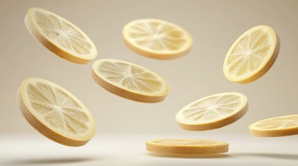 Poster - Several lemon slices levitate against a neutral background.