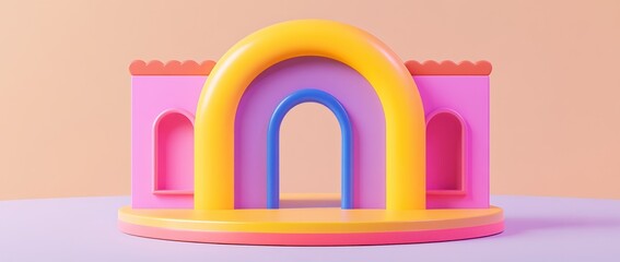 Aufkleber - Colorful 3D rendering of a whimsical archway structure with pink and yellow elements.