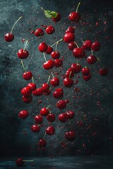 Poster - Fresh red cherries levitating mid-air against a dark background; vibrant, juicy, and ripe cherries with stems and scattered seeds in motion.