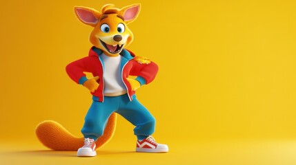 Poster - Cheerful cartoon kangaroo in 90s style clothes poses against yellow background.