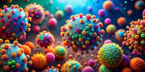 Poster - Microscopic View of Multicolored Viruses: Vibrant Bokeh Effect, Microbiology, Pathology, Cellular Detail