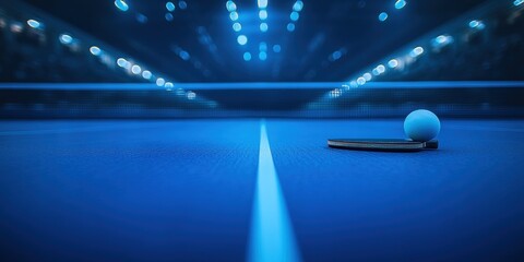 Poster - Table tennis paddle and ball on a blue table in an arena.