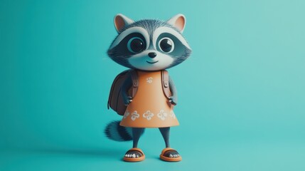 Poster - Cute cartoon raccoon girl wearing orange dress and backpack.