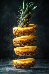 Poster - Four levitating pineapple slices with the crown on top against a dark background.