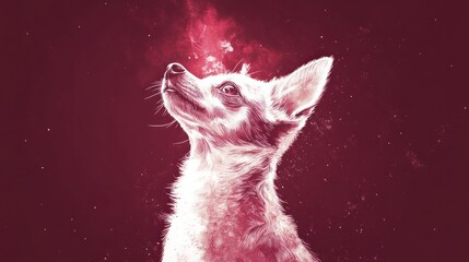 Poster - Artistic portrait of a small dog, illuminated against a dark red, cosmic background.