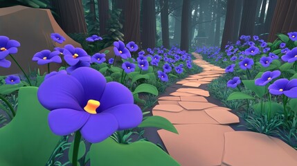Poster - Low-poly 3D render of a winding stone path through a forest, lined with vibrant purple flowers.