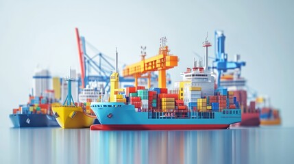 Poster - Colorful container ships at a busy port, showcasing global trade and maritime transportation.