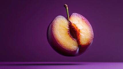 Poster - Halved plum levitating against a purple background.