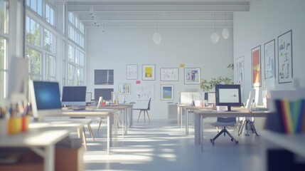 Aufkleber - Bright, modern office space with multiple desks, computers, and artwork.