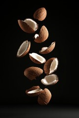 Poster - Halved coconuts falling against black background.