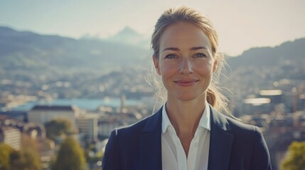 Poster - Confident businesswoman smiling outdoors with city and mountain backdrop.