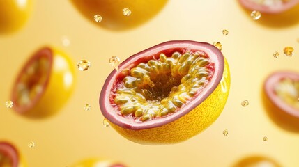 Poster - Halved passion fruit levitating with juice droplets against a yellow background.