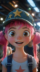 Poster - Close-up portrait of a cheerful cartoon girl with pink hair, wearing a baseball cap.