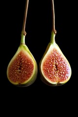 Poster - Two halved figs hanging against a black background, showcasing their vibrant red interiors and tiny seeds.