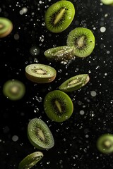 Poster - Slices of fresh kiwi fruit levitating against a black background with water droplets.