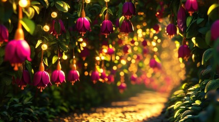 Aufkleber - Magical pathway through a blooming fuchsia flower archway, illuminated by warm fairy lights at sunset.