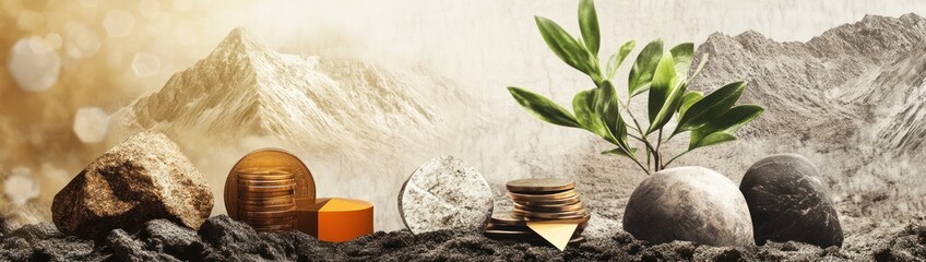 Aufkleber - Plant growing from soil with rocks and mountain backdrop.