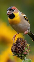 Aufkleber - A vibrant goldfinch perched on a spent sunflower, detailed feathers and beak visible against a blurred yellow background.
