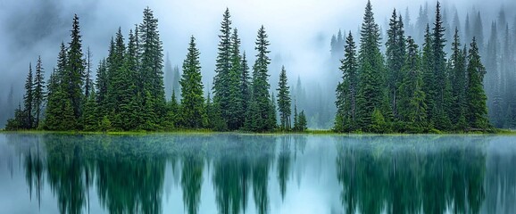 Poster - Misty morning, serene lake reflecting evergreen trees.