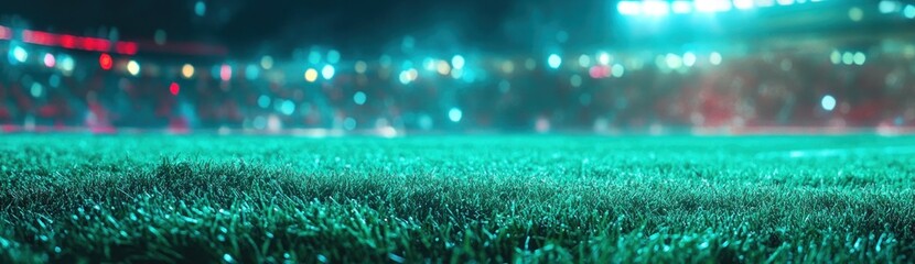 Aufkleber - Night stadium field, grass close-up, blurred background lights.