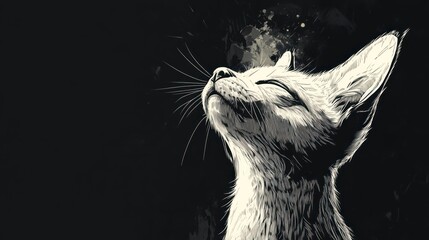 Poster - Serene white kitten looking upward, artistic monochrome illustration against dark background.