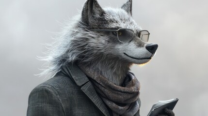 Poster - Anthropomorphic wolf in glasses and jacket, holding a book, outdoors.