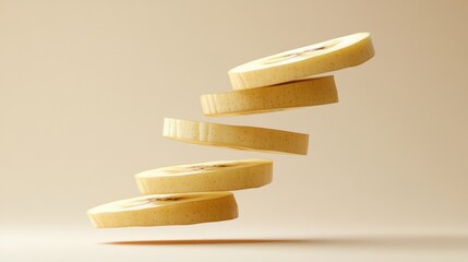 Poster - Four levitating slices of ripe banana against a beige background.