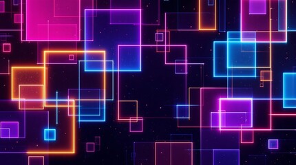 Poster - Digital Abstract Background with Neon Glowing Squares and Geometric Shapes in Pink, Purple, and Blue on Dark Backdrop