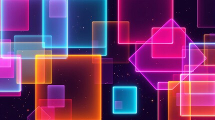 Poster - Digital Abstract Background with Neon Glowing Squares and Geometric Shapes in Pink, Purple, and Blue on Dark Backdrop