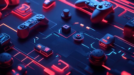 Poster - Futuristic gaming technology background with controllers, joysticks, and neon lights.