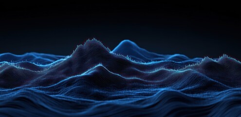 Poster - Abstract dark blue digital landscape with hills and waves.