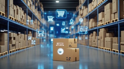 Poster - Cardboard boxes in a warehouse with digital icons illustrating e-commerce and logistics.