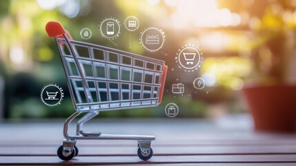 Aufkleber - Miniature shopping cart with digital icons representing online shopping and e-commerce.