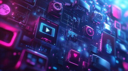 Aufkleber - Abstract digital media network, glowing icons and circuit board.